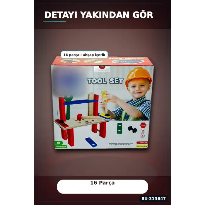16 Parça Renkli Ahşap Tamir Seti Kutusu 31.5x14x29 cm Çocuk Eğitici Oyuncak BX-313647
