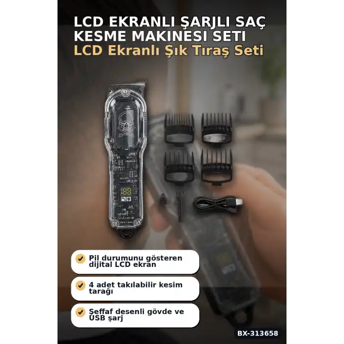 LCD Ekranlı 1800 mAh Şarjlı Saç Kesme Makinesi USB Şarjlı 4 Taraklı Tıraş Makinesi Seti BX-313658