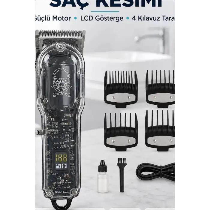 LCD Ekranlı 1800 mAh Şarjlı Saç Kesme Makinesi USB Şarjlı 4 Taraklı Tıraş Makinesi Seti BX-313658