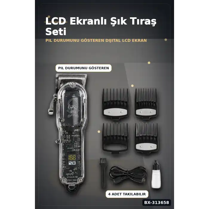 LCD Ekranlı 1800 mAh Şarjlı Saç Kesme Makinesi USB Şarjlı 4 Taraklı Tıraş Makinesi Seti BX-313658