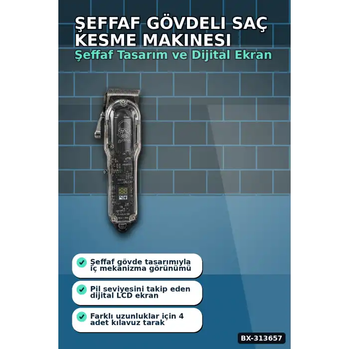 Şeffaf Gövdeli Saç Kesme Makinesi 4 Taraklı Ayarlanabilir Bıçak LCD Ekranlı Şarjlı BX-313657