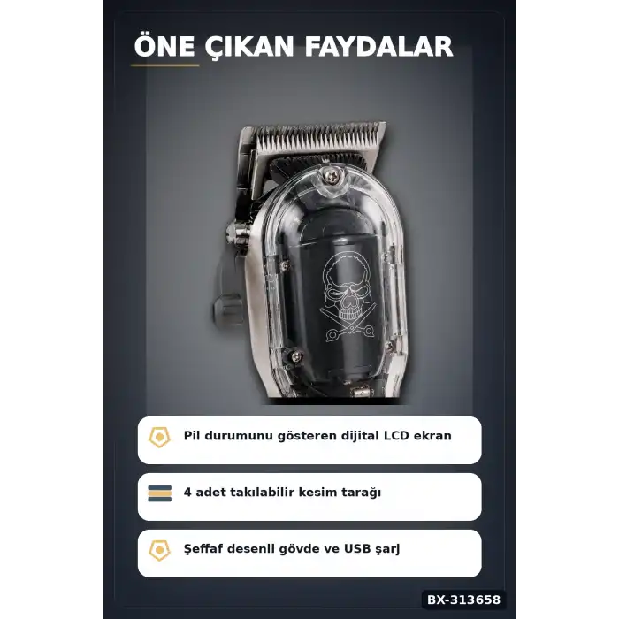 LCD Ekranlı 1800 mAh Şarjlı Saç Kesme Makinesi USB Şarjlı 4 Taraklı Tıraş Makinesi Seti BX-313658