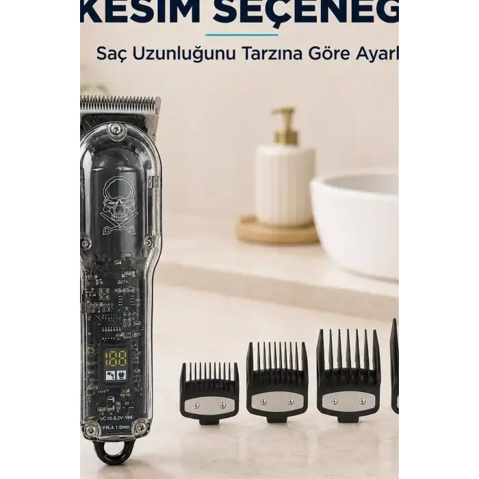 Şeffaf Gövdeli Saç Kesme Makinesi 4 Taraklı Ayarlanabilir Bıçak LCD Ekranlı Şarjlı BX-313657