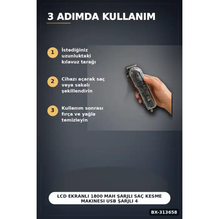 LCD Ekranlı 1800 mAh Şarjlı Saç Kesme Makinesi USB Şarjlı 4 Taraklı Tıraş Makinesi Seti BX-313658