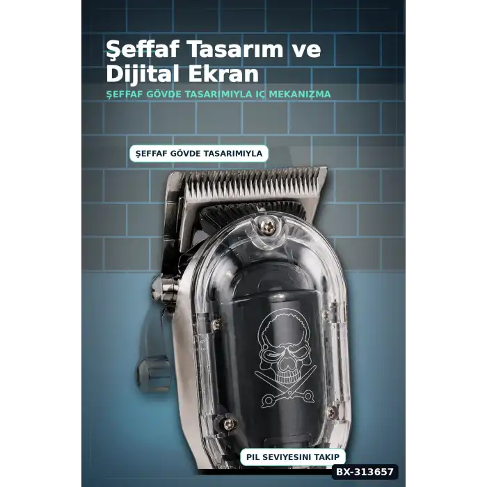 Şeffaf Gövdeli Saç Kesme Makinesi 4 Taraklı Ayarlanabilir Bıçak LCD Ekranlı Şarjlı BX-313657