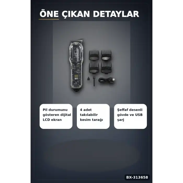 LCD Ekranlı 1800 mAh Şarjlı Saç Kesme Makinesi USB Şarjlı 4 Taraklı Tıraş Makinesi Seti BX-313658