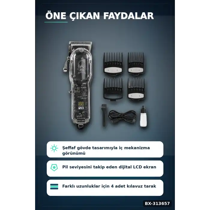 Şeffaf Gövdeli Saç Kesme Makinesi 4 Taraklı Ayarlanabilir Bıçak LCD Ekranlı Şarjlı BX-313657