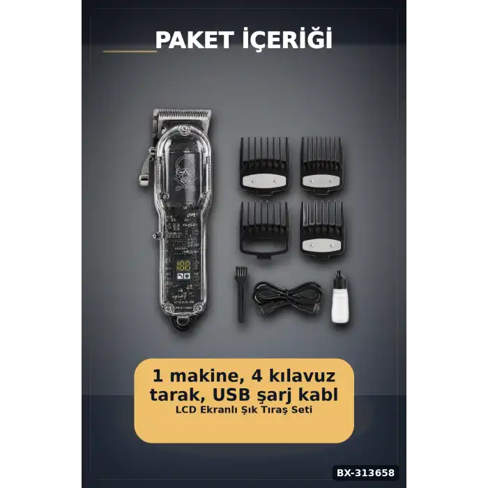 LCD Ekranlı 1800 mAh Şarjlı Saç Kesme Makinesi USB Şarjlı 4 Taraklı Tıraş Makinesi Seti BX-313658