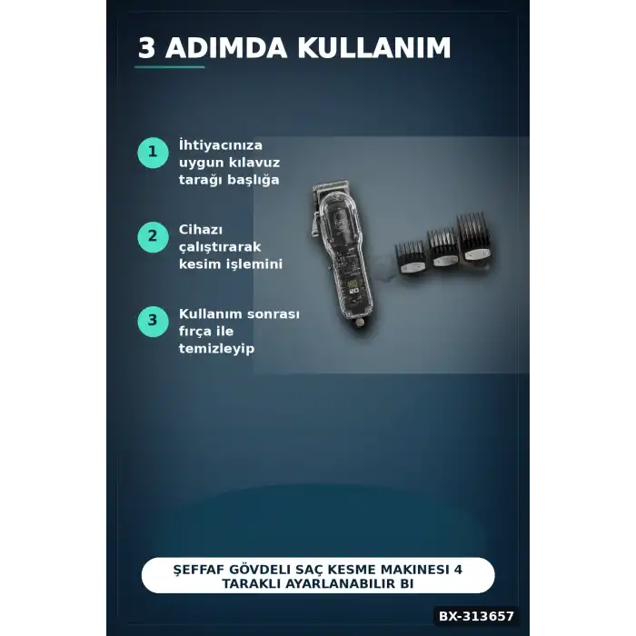 Şeffaf Gövdeli Saç Kesme Makinesi 4 Taraklı Ayarlanabilir Bıçak LCD Ekranlı Şarjlı BX-313657