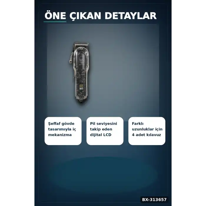 Şeffaf Gövdeli Saç Kesme Makinesi 4 Taraklı Ayarlanabilir Bıçak LCD Ekranlı Şarjlı BX-313657