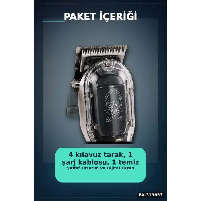 Şeffaf Gövdeli Saç Kesme Makinesi 4 Taraklı Ayarlanabilir Bıçak LCD Ekranlı Şarjlı BX-313657
