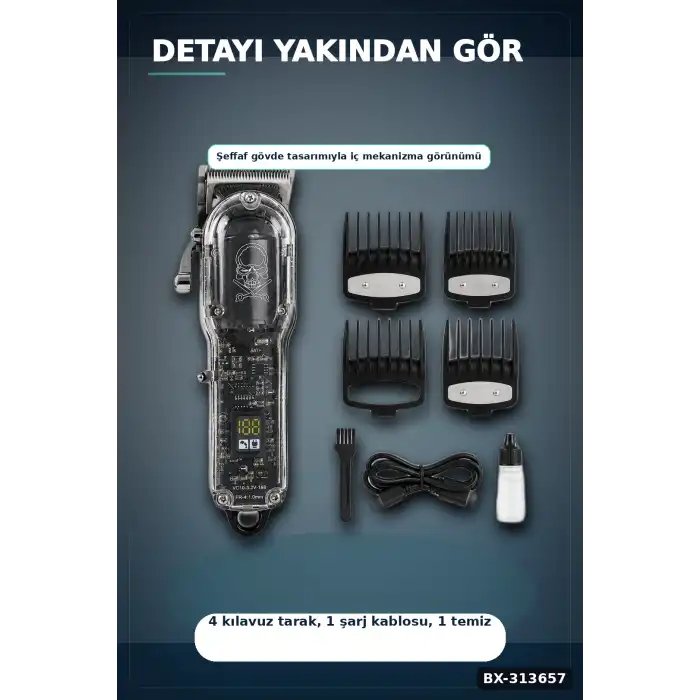 Şeffaf Gövdeli Saç Kesme Makinesi 4 Taraklı Ayarlanabilir Bıçak LCD Ekranlı Şarjlı BX-313657