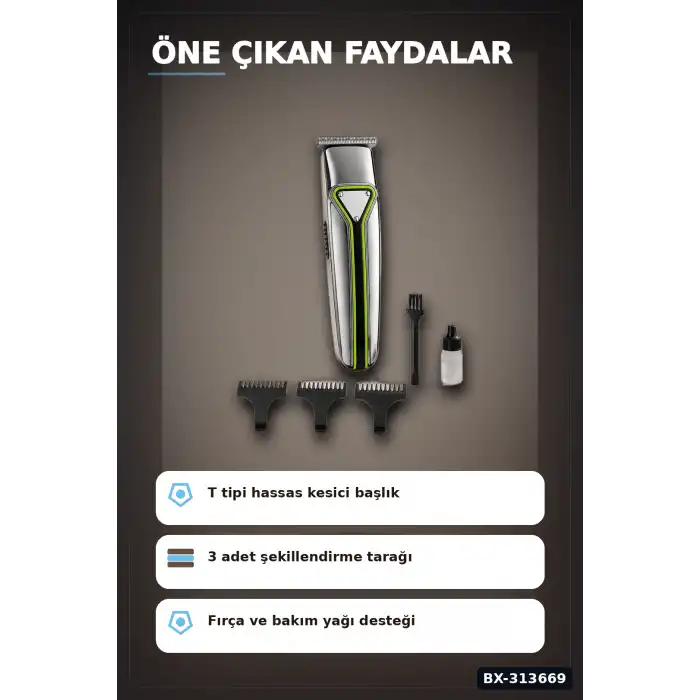 USB Sarjli T Tipi Bicakli Sac Sakal Kesme Makinesi 3 Tarakli Profesyonel Erkek Traas BX-313669