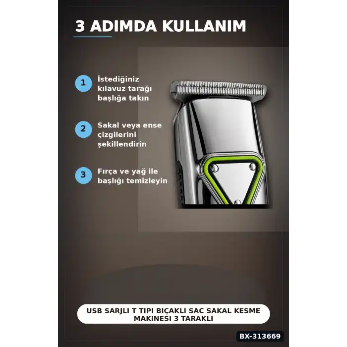 USB Sarjli T Tipi Bicakli Sac Sakal Kesme Makinesi 3 Tarakli Profesyonel Erkek Traas BX-313669
