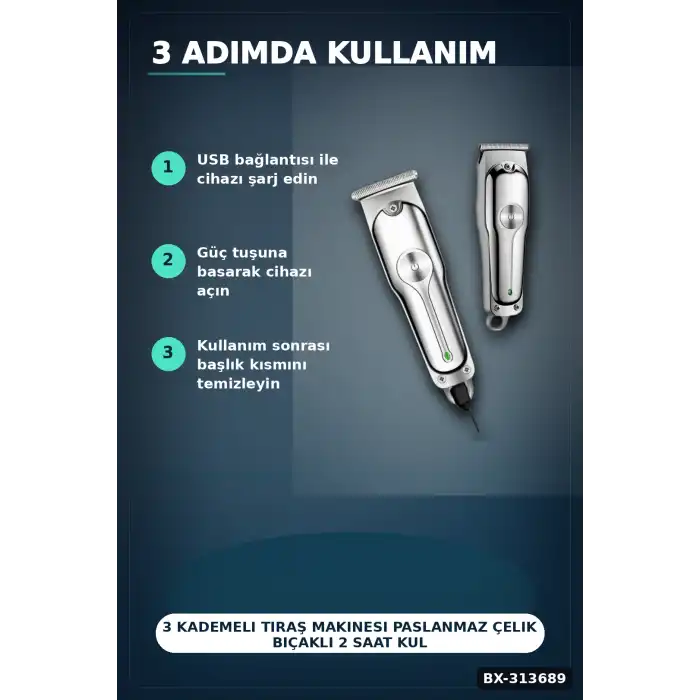3 Kademeli Tıraş Makinesi Paslanmaz Çelik Bıçaklı 2 Saat Kullanım USB Şarjlı BX-313689