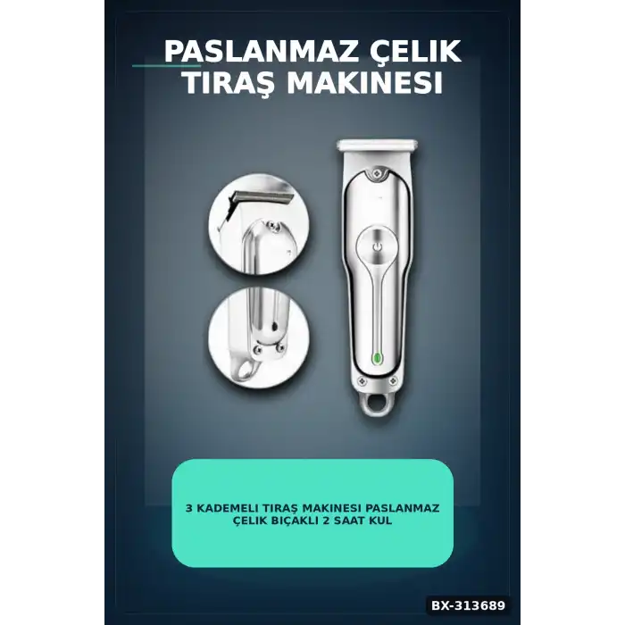 3 Kademeli Tıraş Makinesi Paslanmaz Çelik Bıçaklı 2 Saat Kullanım USB Şarjlı BX-313689