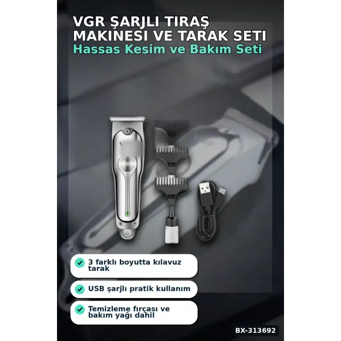 3 Başlıklı Şarjlı Tıraş Makinesi 14cm Paslanmaz Çelik Taraklı Ense Sakal Saç İçin BX-313692