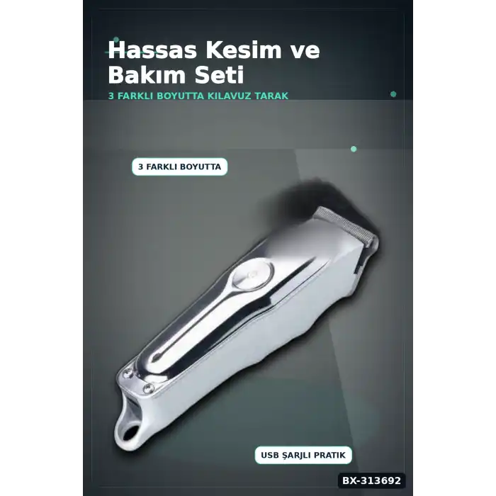 3 Başlıklı Şarjlı Tıraş Makinesi 14cm Paslanmaz Çelik Taraklı Ense Sakal Saç İçin BX-313692