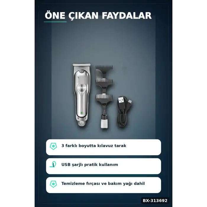 3 Başlıklı Şarjlı Tıraş Makinesi 14cm Paslanmaz Çelik Taraklı Ense Sakal Saç İçin BX-313692