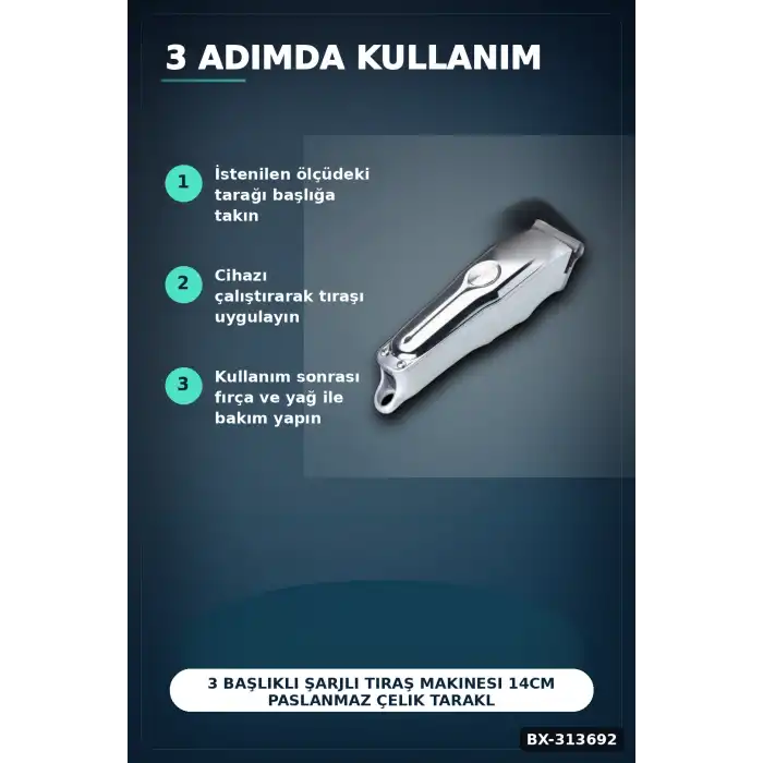 3 Başlıklı Şarjlı Tıraş Makinesi 14cm Paslanmaz Çelik Taraklı Ense Sakal Saç İçin BX-313692