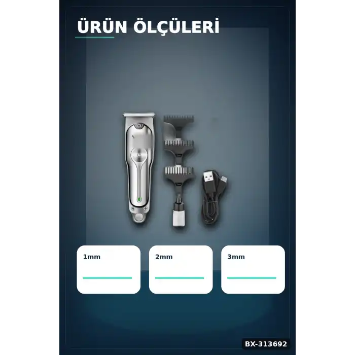 3 Başlıklı Şarjlı Tıraş Makinesi 14cm Paslanmaz Çelik Taraklı Ense Sakal Saç İçin BX-313692