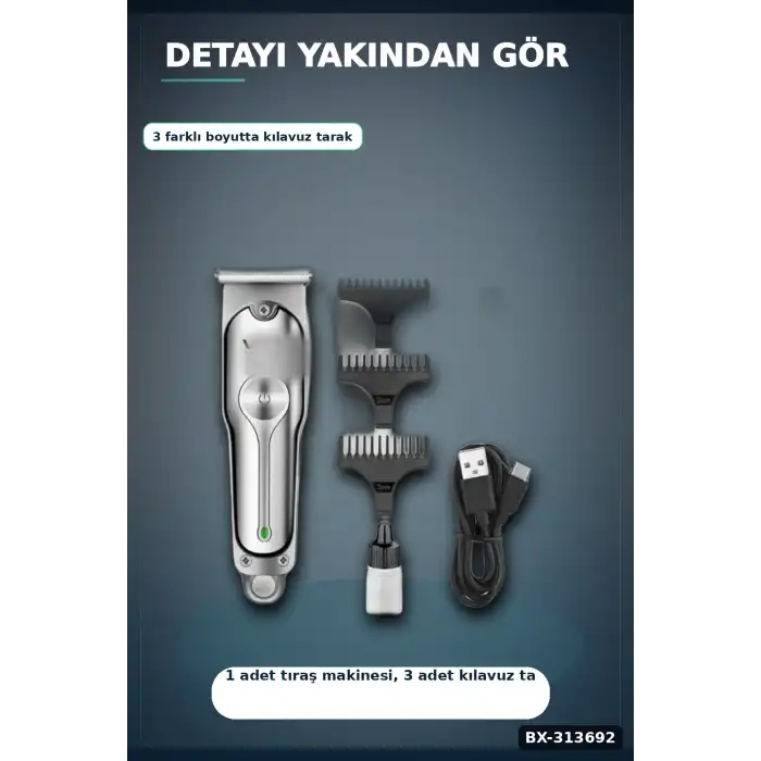 3 Başlıklı Şarjlı Tıraş Makinesi 14cm Paslanmaz Çelik Taraklı Ense Sakal Saç İçin BX-313692