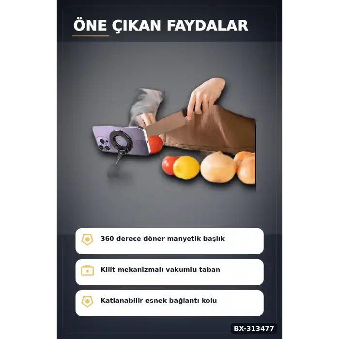Vakumlu Emişli Manyetik Telefon Tutucu 360 Döner Başlık Güçlü Mıknatıslı İz Bırakmaz BX-313477
