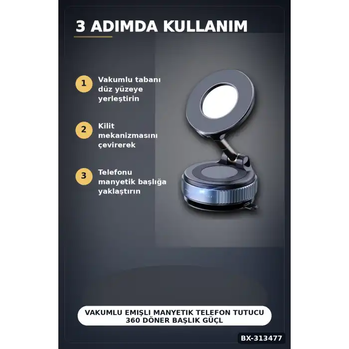 Vakumlu Emişli Manyetik Telefon Tutucu 360 Döner Başlık Güçlü Mıknatıslı İz Bırakmaz BX-313477