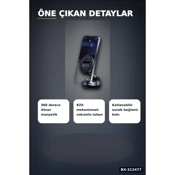 Vakumlu Emişli Manyetik Telefon Tutucu 360 Döner Başlık Güçlü Mıknatıslı İz Bırakmaz BX-313477