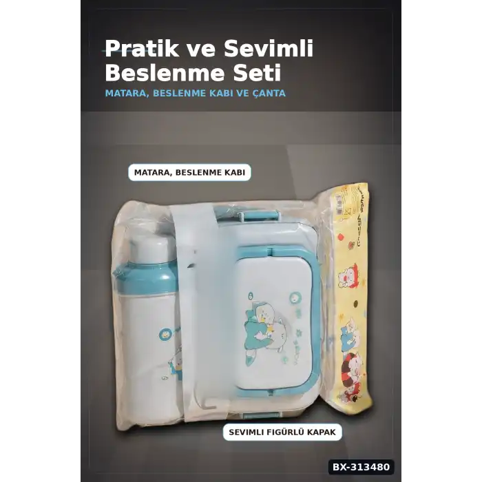 Bpa Icerikli Sızdırmaz Matara ve Beslenme Kabi Seti - 3 Parca, Cocuk Okul Cantasi Hediyesi BX-313480