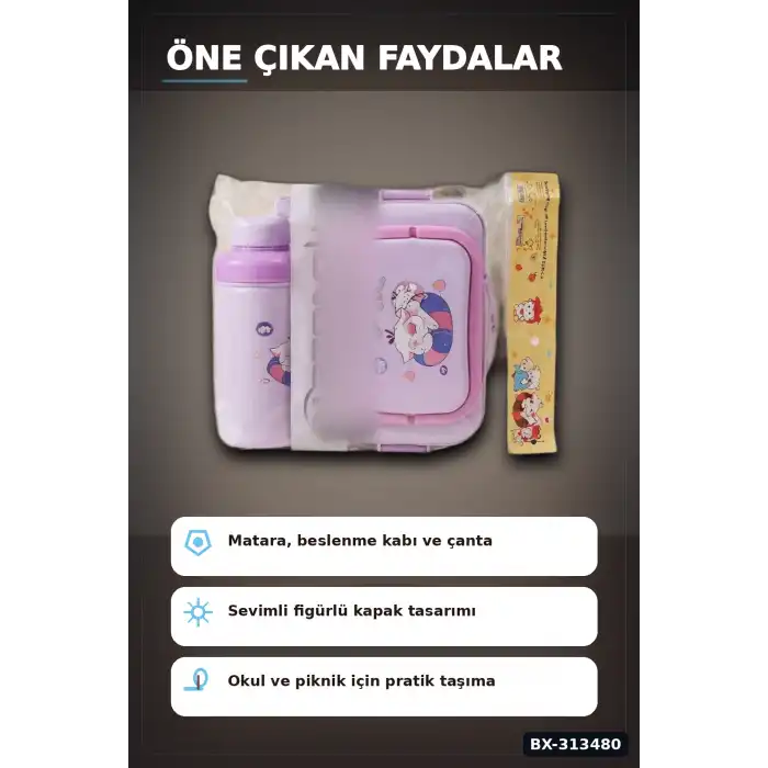 Bpa Icerikli Sızdırmaz Matara ve Beslenme Kabi Seti - 3 Parca, Cocuk Okul Cantasi Hediyesi BX-313480