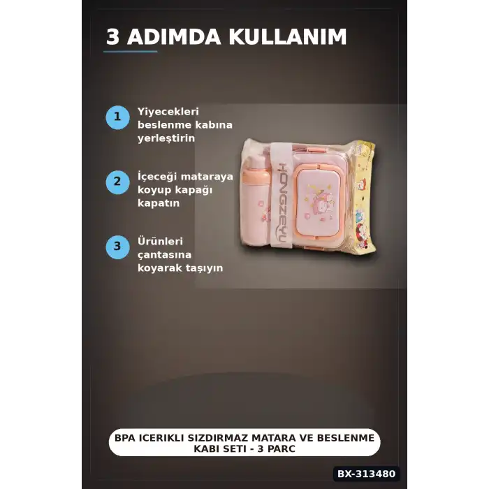 Bpa Icerikli Sızdırmaz Matara ve Beslenme Kabi Seti - 3 Parca, Cocuk Okul Cantasi Hediyesi BX-313480