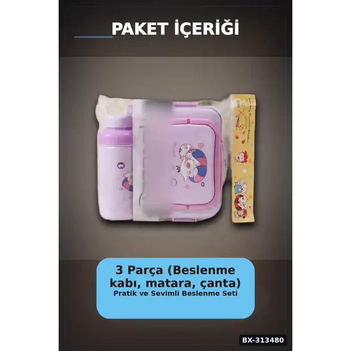 Bpa Icerikli Sızdırmaz Matara ve Beslenme Kabi Seti - 3 Parca, Cocuk Okul Cantasi Hediyesi BX-313480
