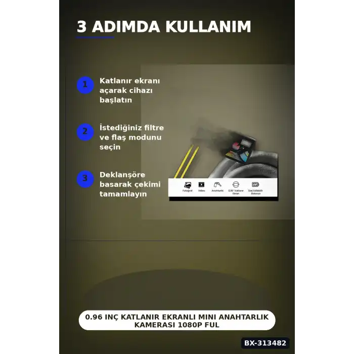 0.96 Inç Katlanır Ekranlı Mini Anahtarlık Kamerası 1080p Full HD Video Kayıt BX-313482