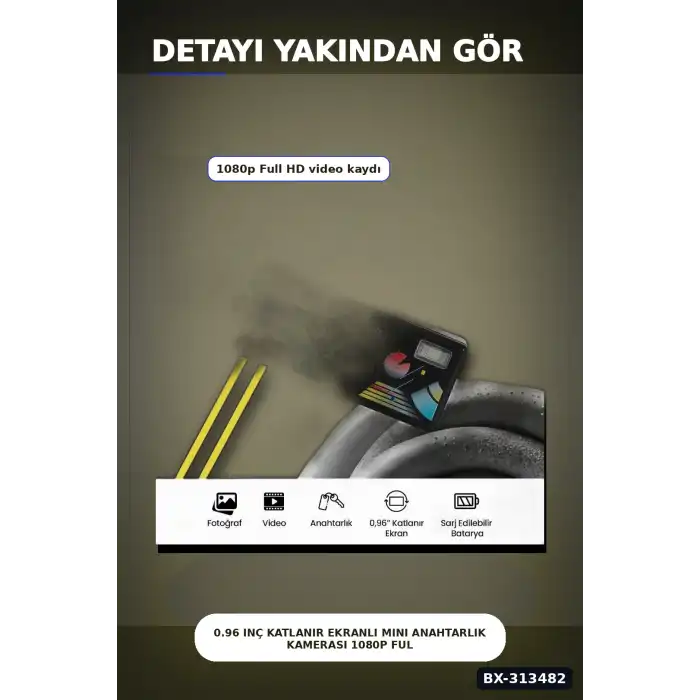 0.96 Inç Katlanır Ekranlı Mini Anahtarlık Kamerası 1080p Full HD Video Kayıt BX-313482