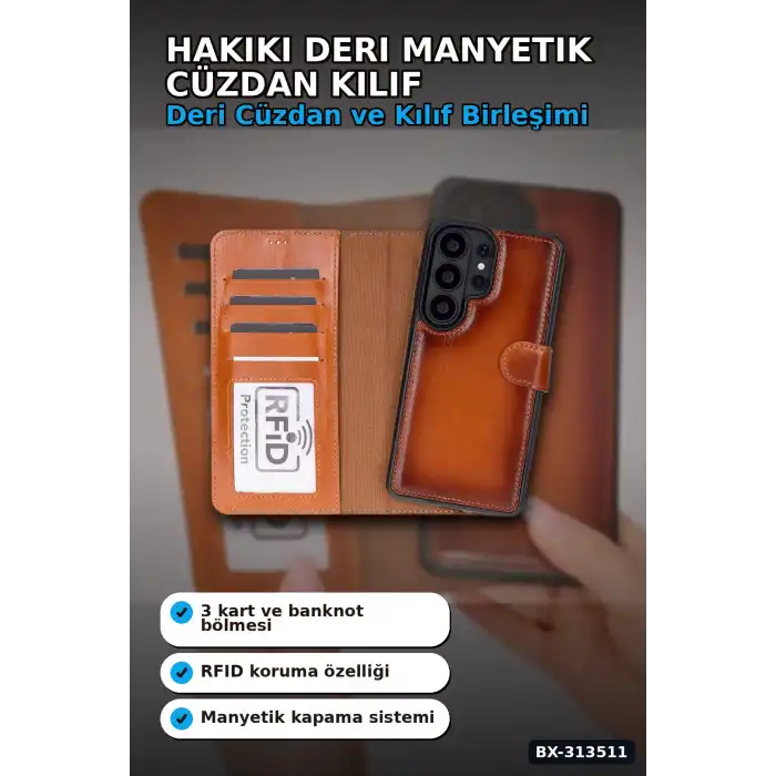 Hakiki Deri Manyetik Cüzdan Kılıf Samsung S26 Ultra Uyumlu RFID Korumalı BX-313511