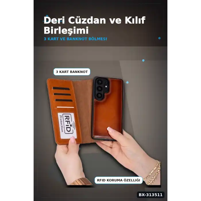 Hakiki Deri Manyetik Cüzdan Kılıf Samsung S26 Ultra Uyumlu RFID Korumalı BX-313511