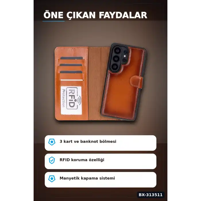 Hakiki Deri Manyetik Cüzdan Kılıf Samsung S26 Ultra Uyumlu RFID Korumalı BX-313511