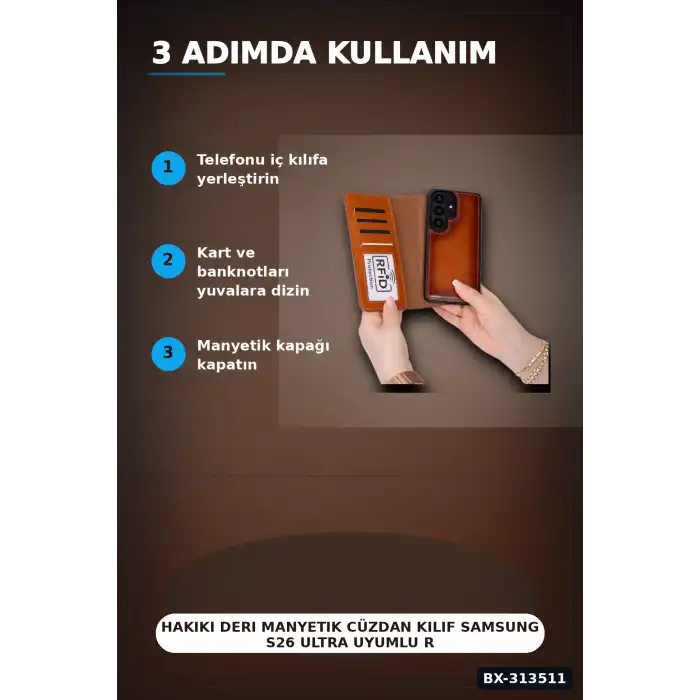 Hakiki Deri Manyetik Cüzdan Kılıf Samsung S26 Ultra Uyumlu RFID Korumalı BX-313511