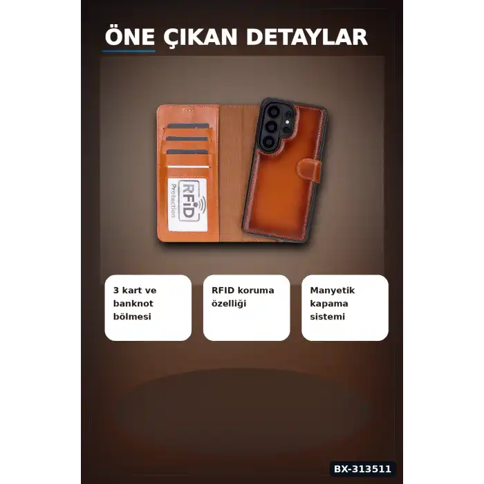 Hakiki Deri Manyetik Cüzdan Kılıf Samsung S26 Ultra Uyumlu RFID Korumalı BX-313511