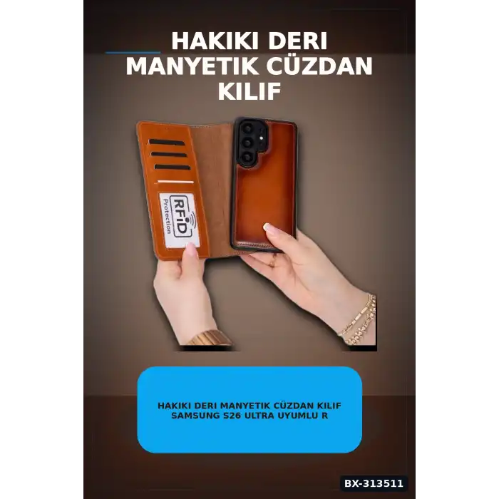 Hakiki Deri Manyetik Cüzdan Kılıf Samsung S26 Ultra Uyumlu RFID Korumalı BX-313511