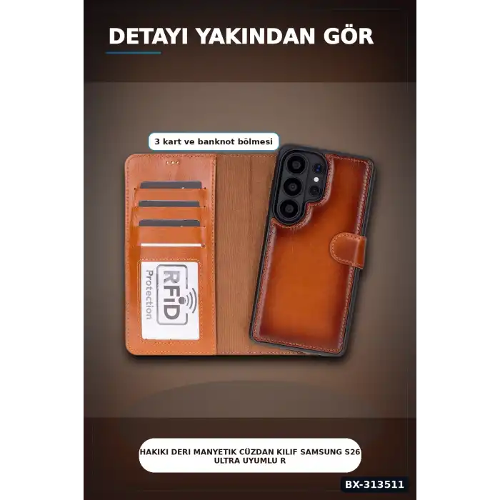 Hakiki Deri Manyetik Cüzdan Kılıf Samsung S26 Ultra Uyumlu RFID Korumalı BX-313511