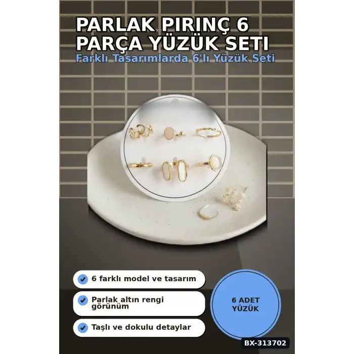 Parlak Pirinç 6 Parça Yüzük Seti, 7-8 Numara Bijuteri Aksesuar Hediyelik BX-313702