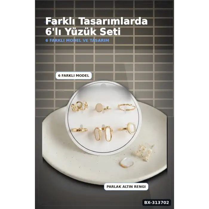 Parlak Pirinç 6 Parça Yüzük Seti, 7-8 Numara Bijuteri Aksesuar Hediyelik BX-313702