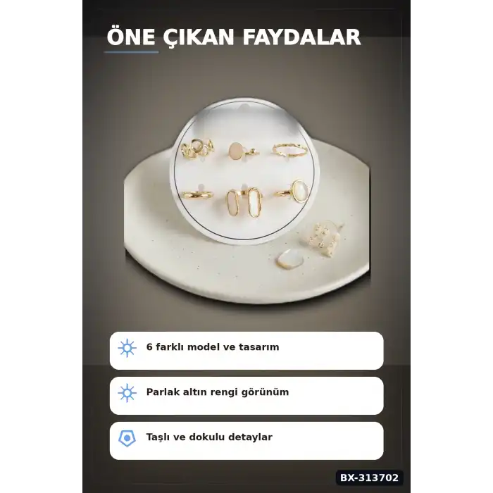 Parlak Pirinç 6 Parça Yüzük Seti, 7-8 Numara Bijuteri Aksesuar Hediyelik BX-313702