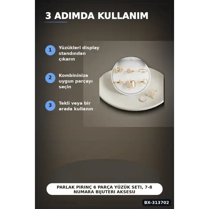 Parlak Pirinç 6 Parça Yüzük Seti, 7-8 Numara Bijuteri Aksesuar Hediyelik BX-313702