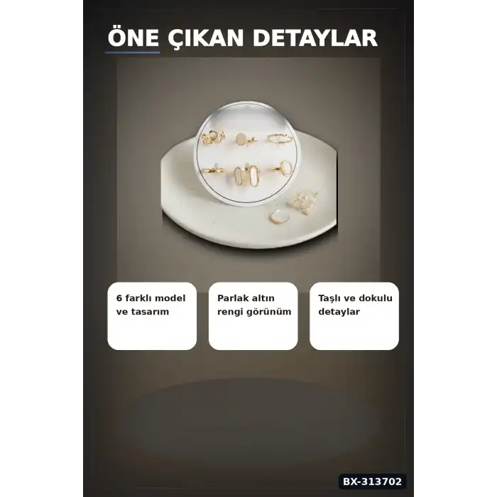 Parlak Pirinç 6 Parça Yüzük Seti, 7-8 Numara Bijuteri Aksesuar Hediyelik BX-313702