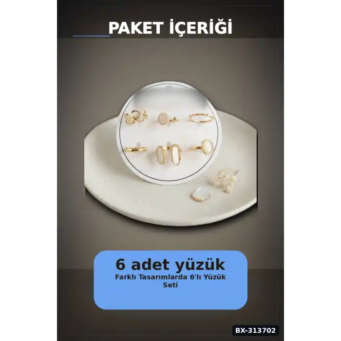 Parlak Pirinç 6 Parça Yüzük Seti, 7-8 Numara Bijuteri Aksesuar Hediyelik BX-313702