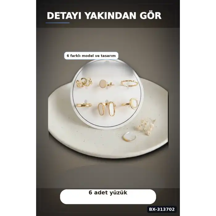 Parlak Pirinç 6 Parça Yüzük Seti, 7-8 Numara Bijuteri Aksesuar Hediyelik BX-313702
