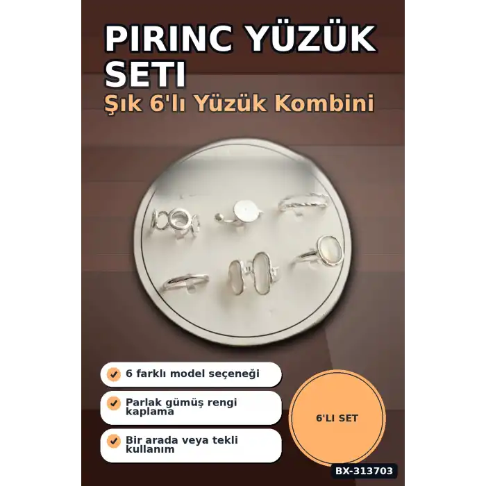 Pirinc 6li Yuzuk Seti 7-8 Numara Gumus Renk Bijuteri Takim Aksesuar Hediyelik BX-313703